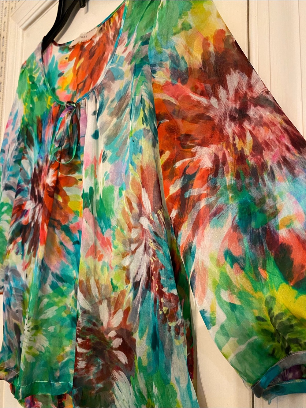 100% Silk Women's Vibrant Watercolor Floral Sheer Tie-Neck Boho Blouse